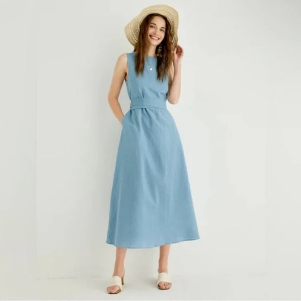 Grae Cove Blue Sleevless Linen Blend Midi Dress Sz M Wedding Guest Dress